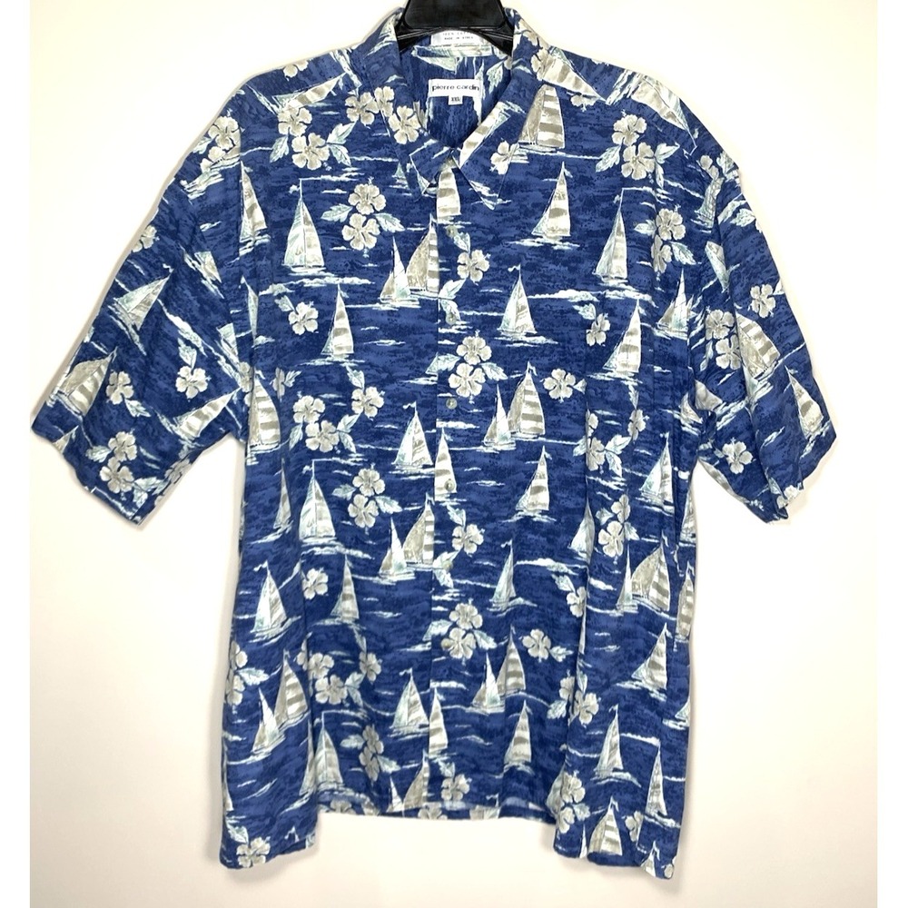 Pierre Cardin Hawaiian Shirt Mens 2XL Blue Sailboat 100% Cotton Vintage Korea - Picture 2 of 8